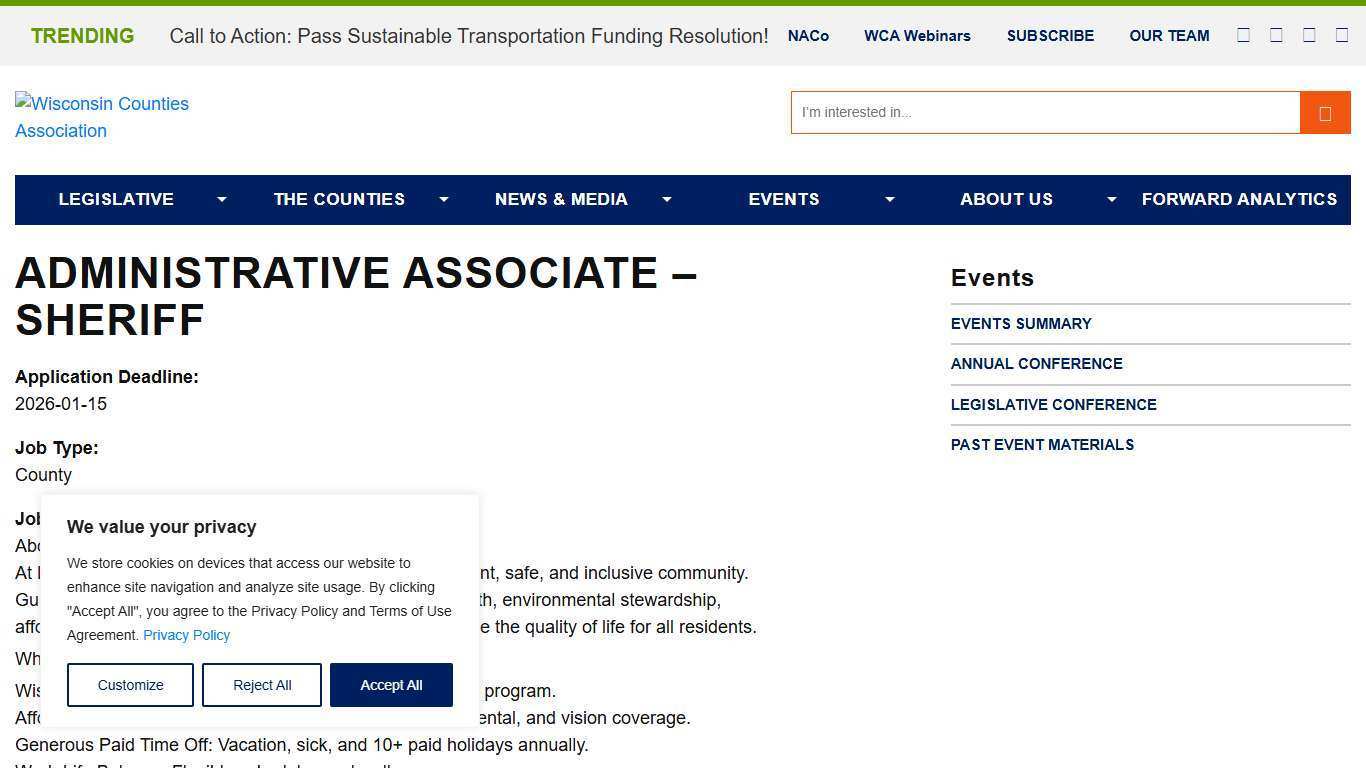 ADMINISTRATIVE ASSOCIATE - SHERIFF - Wisconsin Counties Association